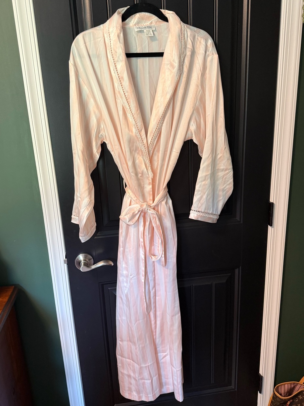 Christian Dior Pale Pink and White Stripe Satin Robe with Lace Trim M